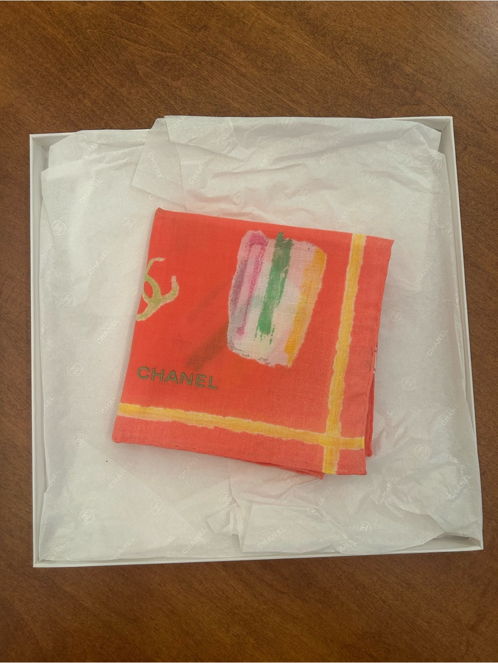 CHANEL Coral Cotton Square Scarf with Multicolor Brushstroke and Yellow Trim